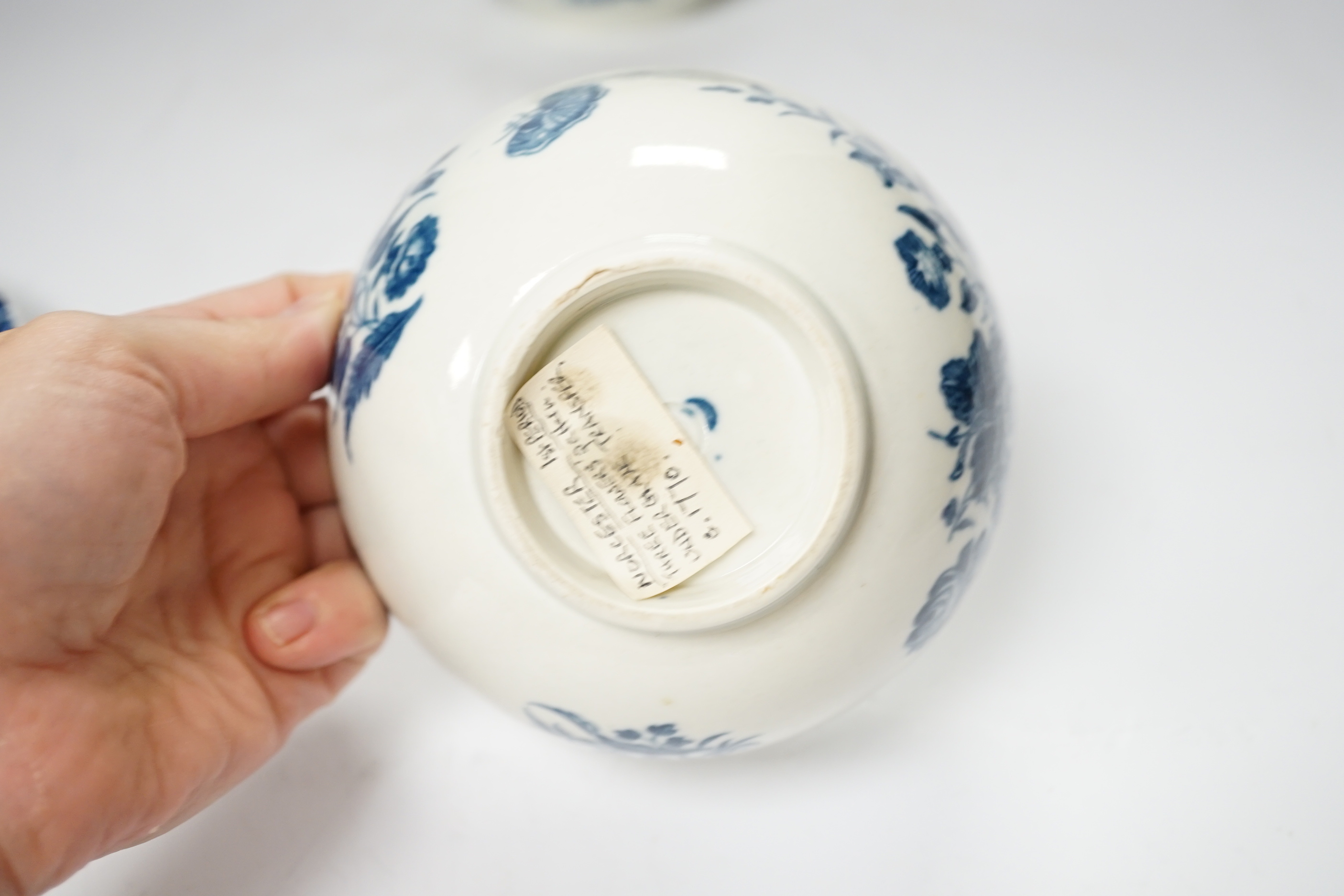 A Worcester “fence pattern” teapot, a similar bowl and dish, teapot 14cm high including cover